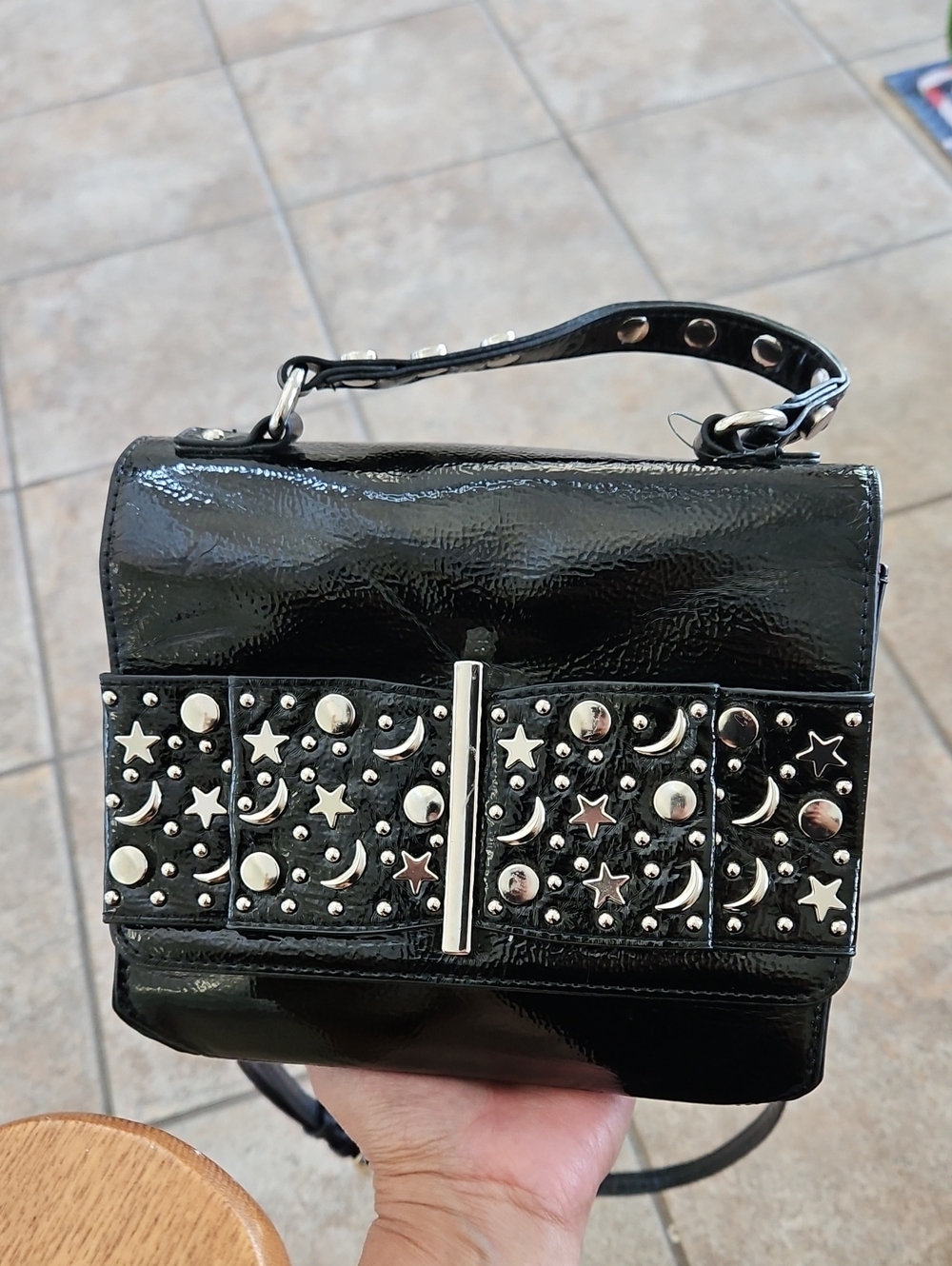 Betsy Johnson Black Studded Moon & Star Top-Handle Bag